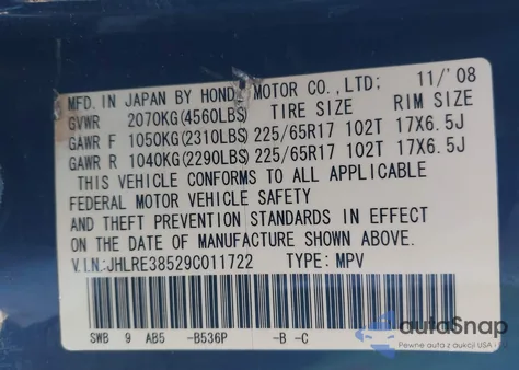 2009 Honda Cr-V Ex from USA, damaged, VIN JHLRE38529C011722
